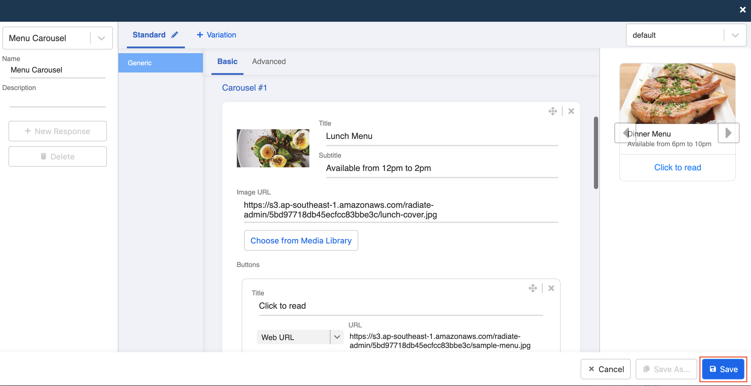Menu carousel preview